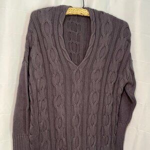 Womens Small Sweater Gray Purple Cable Knit Cotton Stretch V Neck L/S